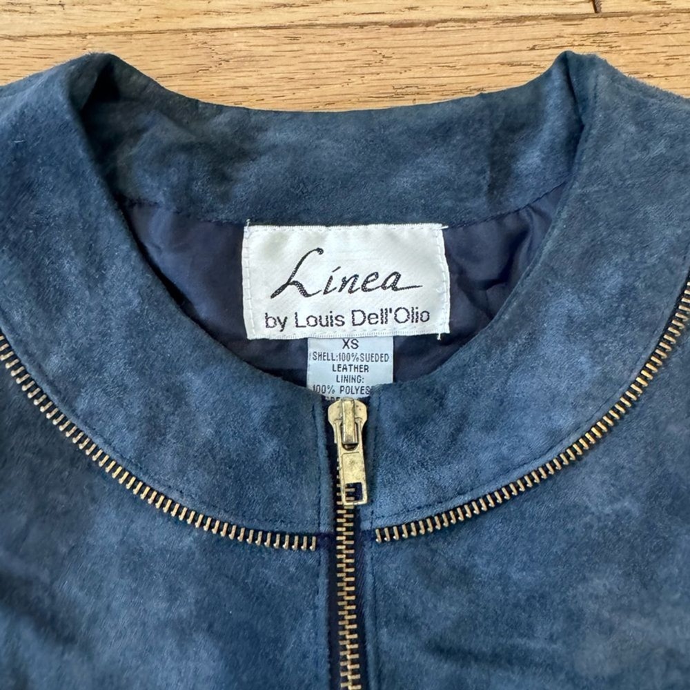 Linea by Louis Dell'Olio Navy Blue Suede Leather Zip Jacket XS Gold Trim (1286)